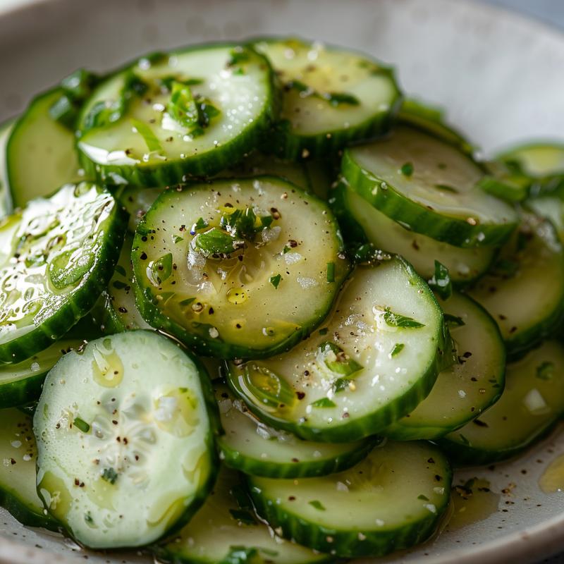 Close-up of cucumber salad with visible ingredients, on a grey plate.