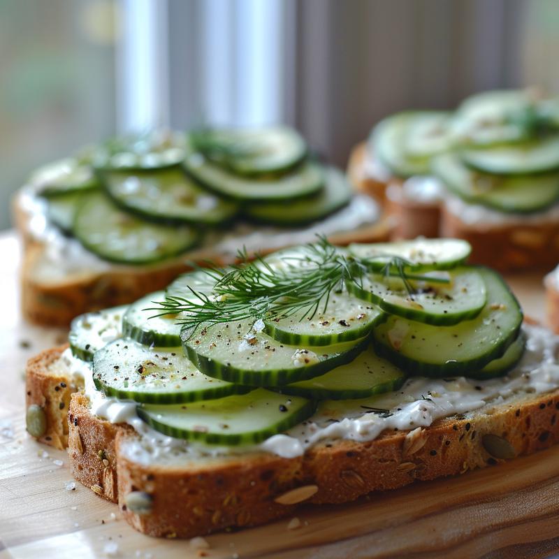Close-up of cucumber sandwiches on a wooden board.