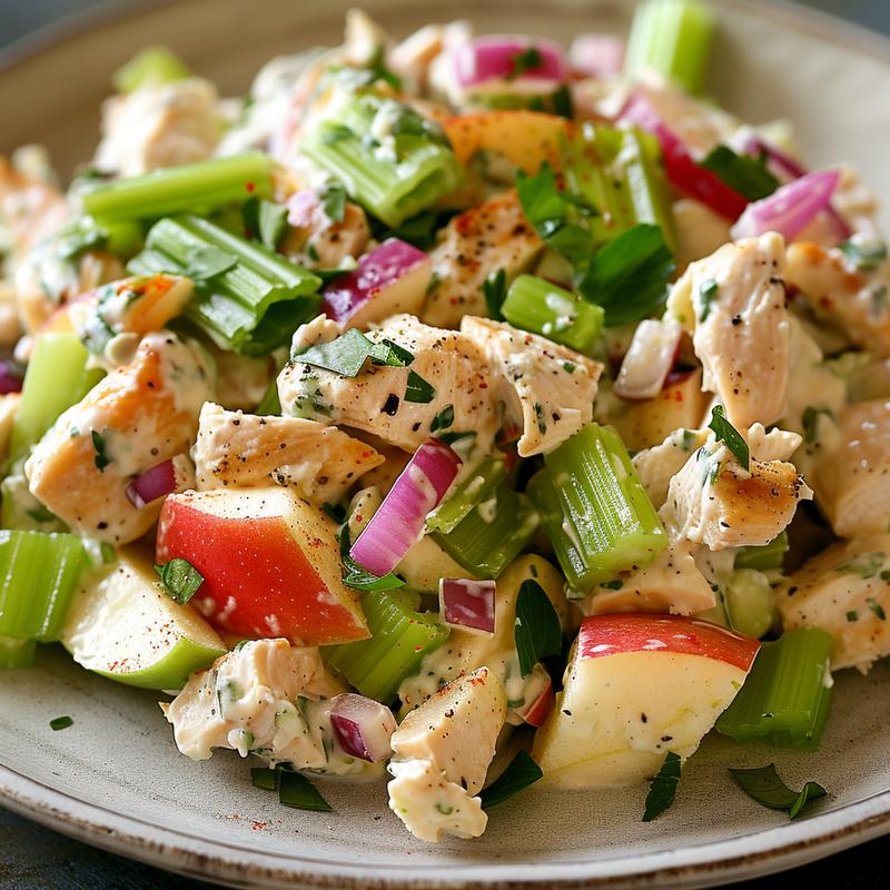 Close-up of chicken salad with visible celery and apple pieces on a gray plate.