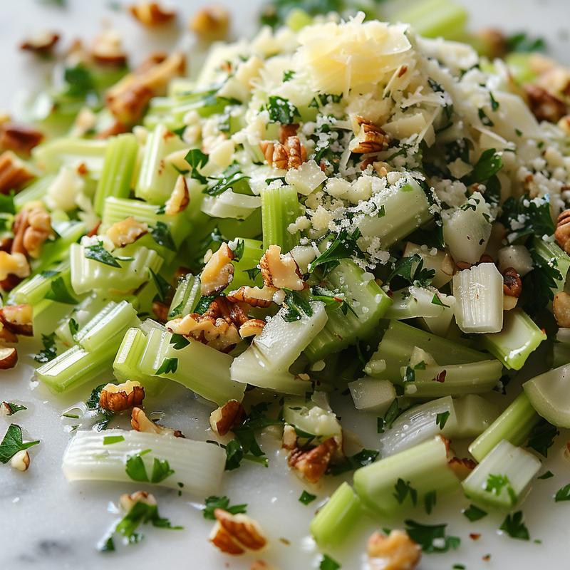 Close-up of celery salad with shaved Parmesan and parsley on marble.