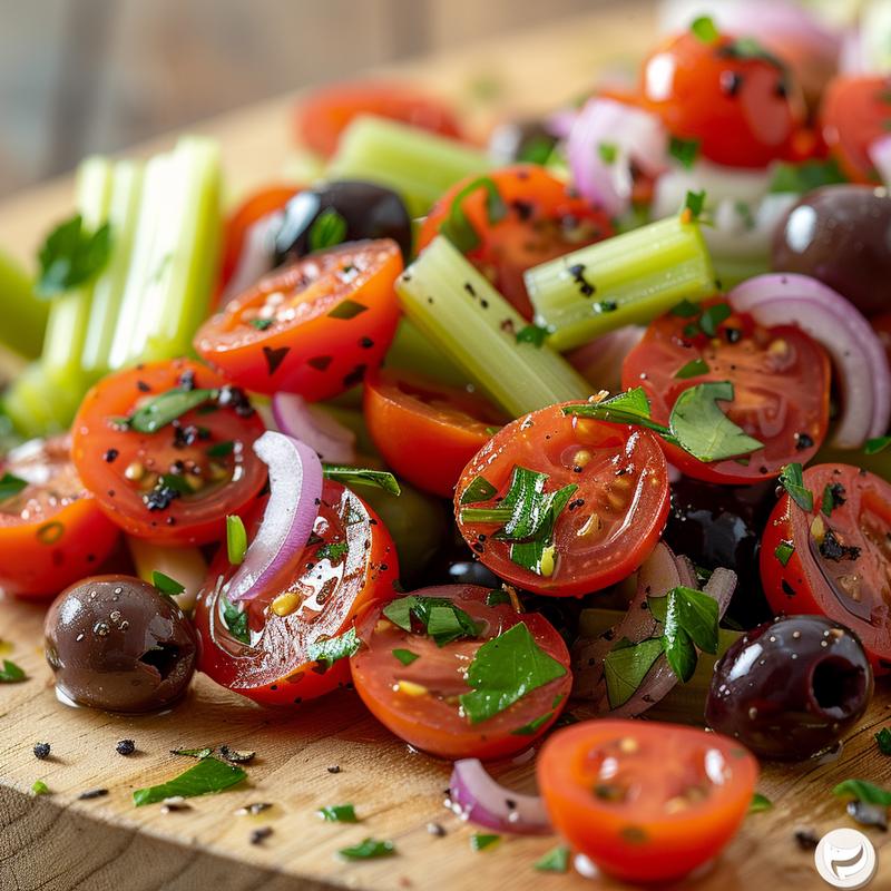Close-up of Mediterranean celery and olive salad on a light wood board.