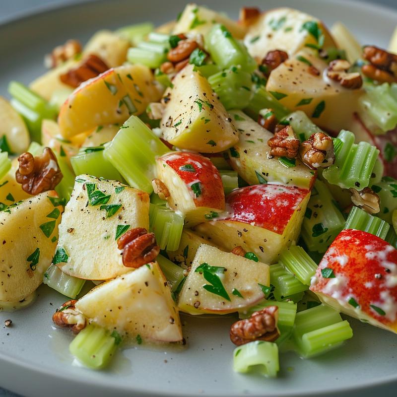 Close-up of apple and celery salad on a light grey plate.