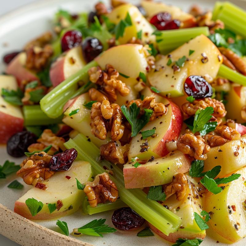Close-up of apple celery salad with walnuts and cranberries.