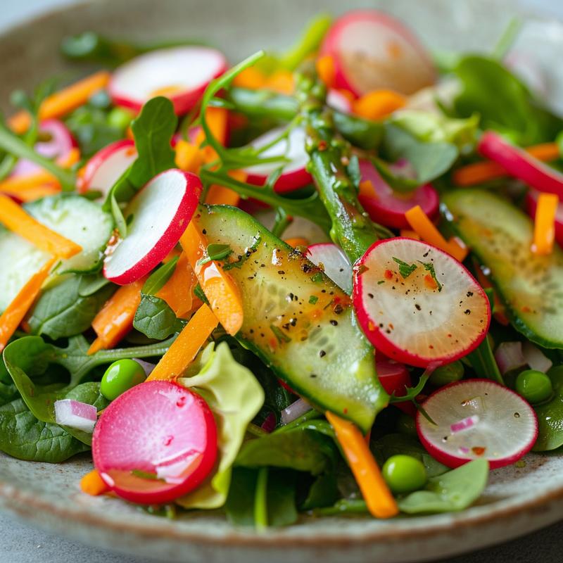 Close-up of a fresh spring salad on a light grey plate.