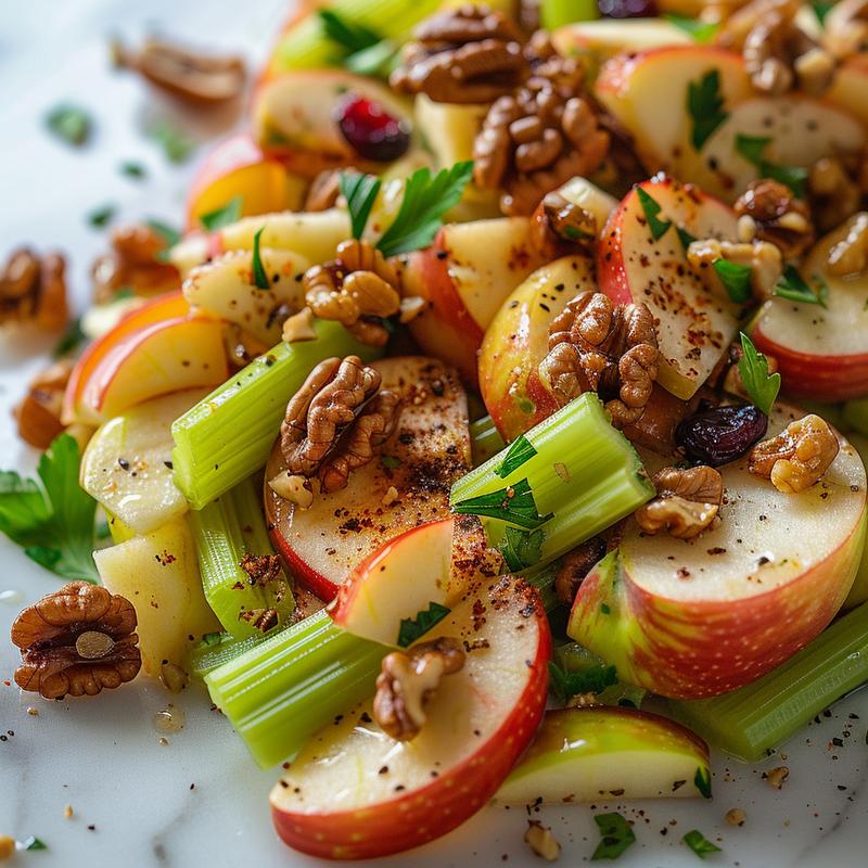 Close-up of apple and celery salad with visible ingredients on white marble.