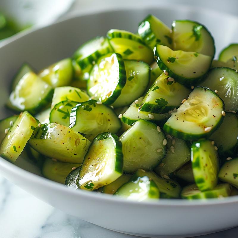 Close-up of Japanese cucumber salad with visible ingredients on marble.