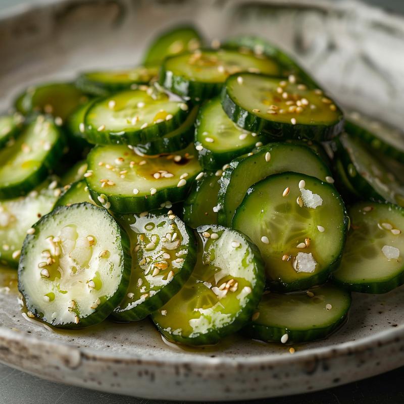 Close-up of Japanese cucumber salad on a light grey plate.