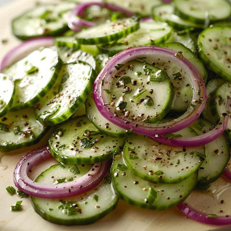 Close-up of thinly sliced cucumber salad with red onion on a light wood board.