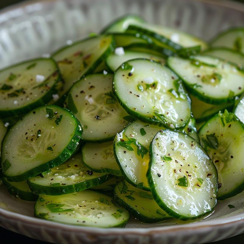 Close-up of cucumber salad with visible ingredients, on a grey plate.