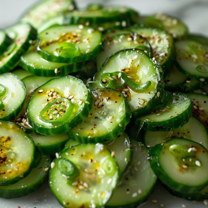 Close-up of thinly sliced Korean cucumber salad on white marble.