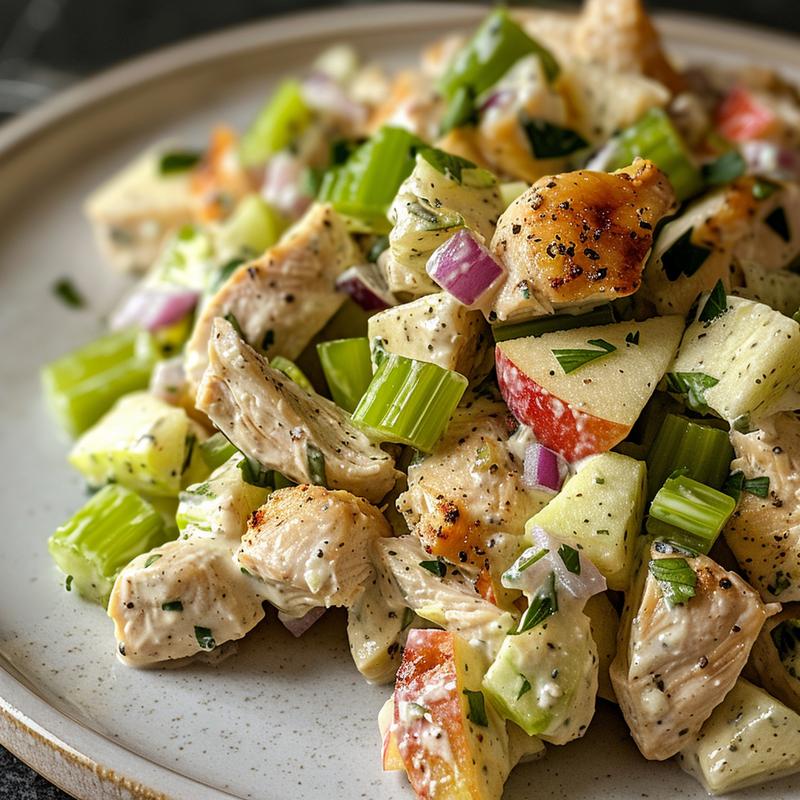 Close-up of creamy chicken salad with visible celery and apple chunks on a light grey plate.