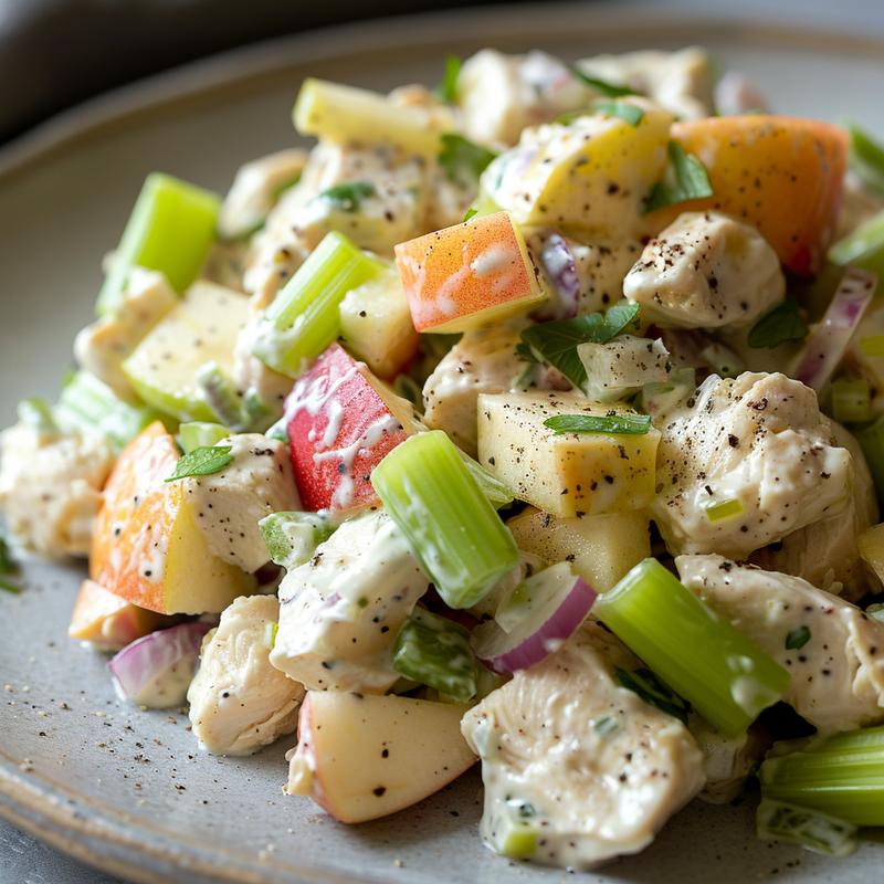 Close-up of chicken salad with visible celery and apple pieces on a gray plate.