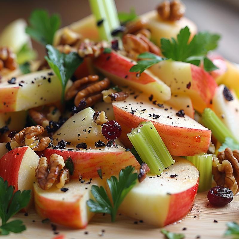 Close-up of apple celery salad with walnuts and cranberries.