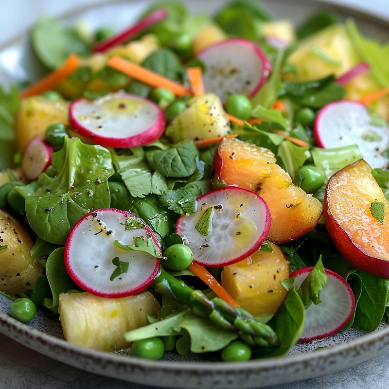 Close-up of a fresh spring salad on a light grey plate.
