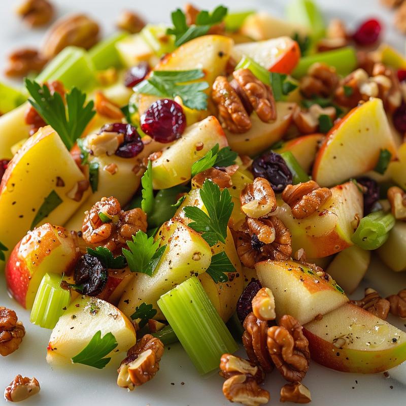 Close-up of apple and celery salad with visible ingredients on white marble.